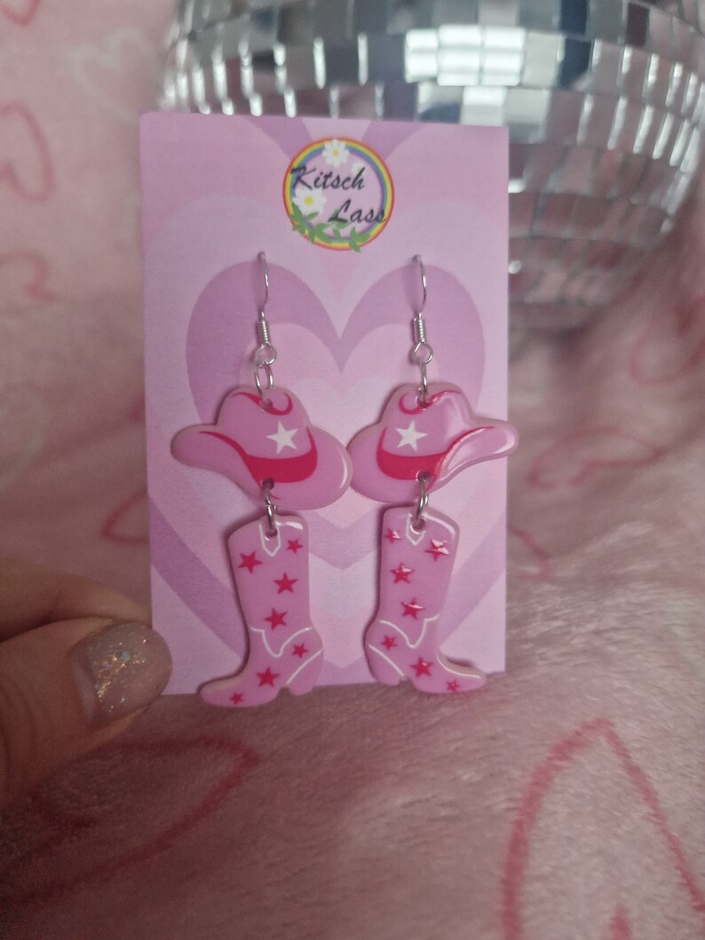 Disco cowboy earrings. Discoball cowboy hat and boots. Handmade galantines valentines pink girl acrylic earrings. Kawaii harajuku kitsch image 2