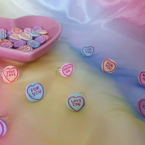 Love heart candy statement rings. Adjustable sweet silver rings. Fun costume jewelry. Kitsch Kawaii harajuku jewellery. image 3