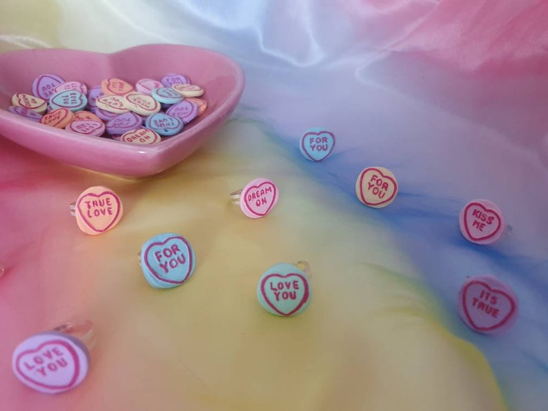 Love heart candy statement rings. Adjustable sweet silver rings. Fun costume jewelry. Kitsch Kawaii harajuku jewellery. image 3