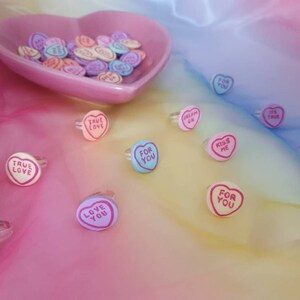 Love heart candy statement rings. Adjustable sweet silver rings. Fun costume jewelry. Kitsch Kawaii harajuku jewellery. image 4