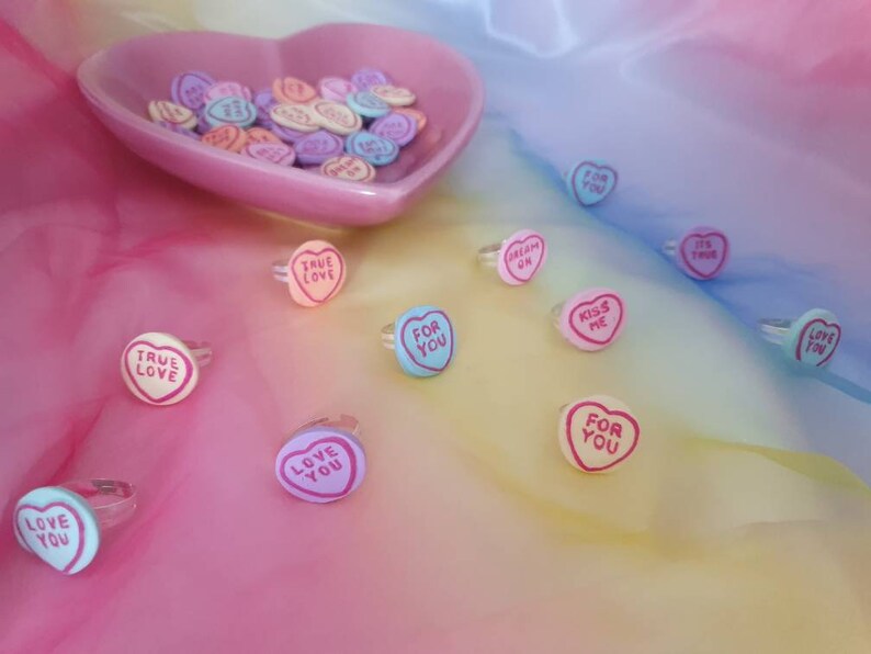 Love heart candy statement rings. Adjustable sweet silver rings. Fun costume jewelry. Kitsch Kawaii harajuku jewellery. image 4