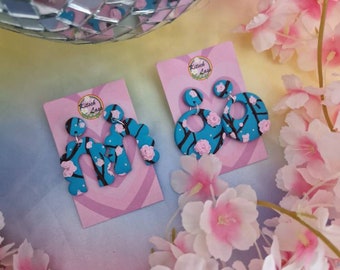 Cherry blossom earrings. Handmade polymer clay drop earrings. Blue pink jewelry. Japan inspired. Kawaii harajuku kitsch style