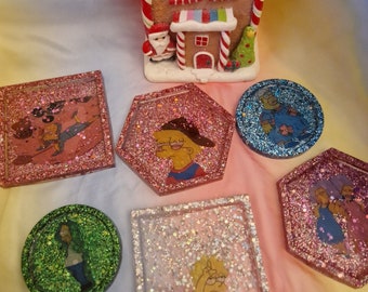 Simpsons trinket resin dish. Glittery lisa, mr burns, homer, patty and selma coasters. Kawaii, harajuku, kitsch style.