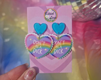 Rainbow dont be a dick earrings jewellery. Handmade self love, don't care, galantines glitter acrylic earrings. Kawaii harajuku kitsch