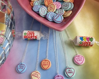 Love heart necklace collection sweeties candy swizzels inspired. Pastel aesthetic. Valentines day jewellery. Kawaii, harajuku, kitsch style.