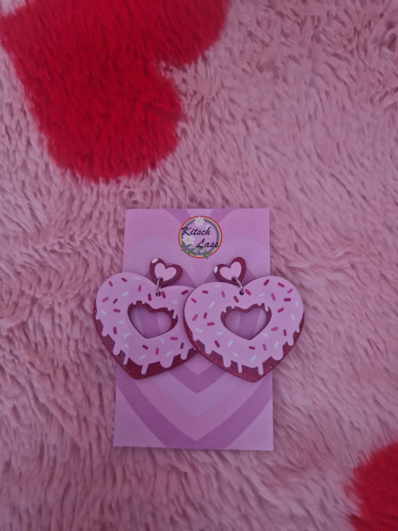Pink & red doughnut earrings. Donut sprinkles jewellery. Handmade galantines valentines day glitter acrylic earrings. Kawaii harajuku kitsch image 3