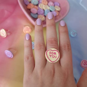 Love heart candy statement rings. Adjustable sweet silver rings. Fun costume jewelry. Kitsch Kawaii harajuku jewellery. image 5