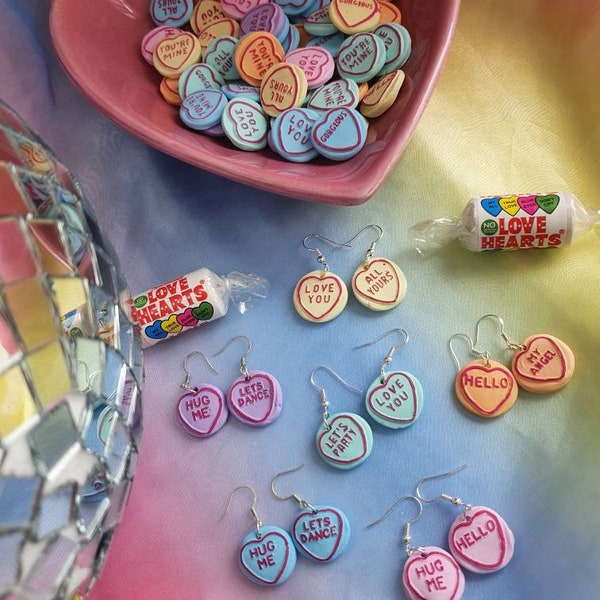 Love heart earring collection sweeties candy swizzels inspired. Pastel aesthetic. Valentines day earrings. Kawaii, harajuku, kitsch style.