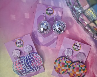 Discoball acrylic earrings. Funky groovy kitsch style. Amazing bright. Lazercut handmade drop.