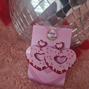 Pink & red doughnut earrings. Donut sprinkles jewellery. Handmade galantines valentines day glitter acrylic earrings. Kawaii harajuku kitsch image 2