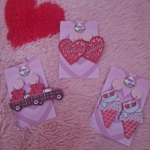 Pink & red valentines day earrings. Hearts, cat ice cream, love car. Handmade galantines glitter acrylic earrings. Kawaii harajuku kitsch image 2