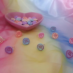 Love heart candy statement rings. Adjustable sweet silver rings. Fun costume jewelry. Kitsch Kawaii harajuku jewellery. image 2