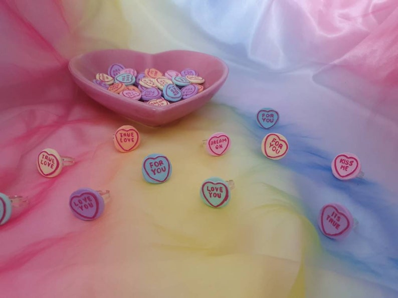 Love heart candy statement rings. Adjustable sweet silver rings. Fun costume jewelry. Kitsch Kawaii harajuku jewellery. image 2