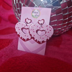 Pink & red doughnut earrings. Donut sprinkles jewellery. Handmade galantines valentines day glitter acrylic earrings. Kawaii harajuku kitsch image 1