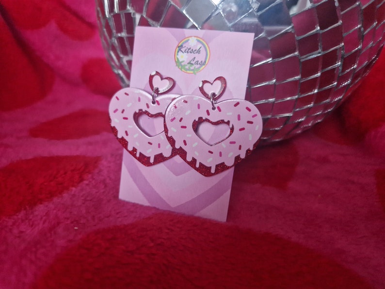 Pink & red doughnut earrings. Donut sprinkles jewellery. Handmade galantines valentines day glitter acrylic earrings. Kawaii harajuku kitsch image 1