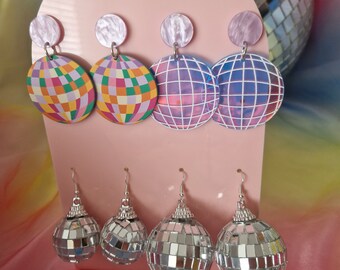 Discoball acrylic earrings. Funky groovy kitsch style. Amazing bright. Lazercut handmade drop.