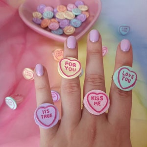 Love heart candy statement rings. Adjustable sweet silver rings. Fun costume jewelry. Kitsch Kawaii harajuku jewellery. image 1