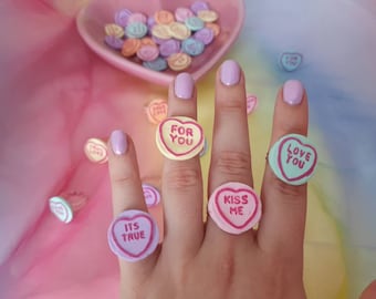 Love heart candy statement rings. Adjustable sweet silver rings. Fun costume jewelry. Kitsch Kawaii harajuku jewellery.