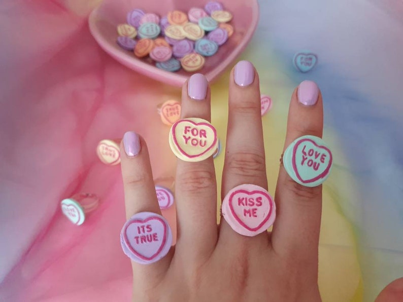 Love heart candy statement rings. Adjustable sweet silver rings. Fun costume jewelry. Kitsch Kawaii harajuku jewellery. image 1
