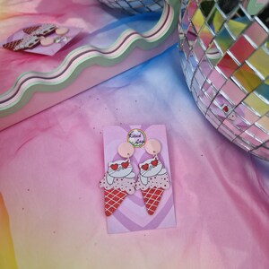Pink & red sparkle cat and donut earrings. Hearts doughnut, cat ice cream. Handmade galantines acrylic earrings. Kawaii harajuku kitsch image 4