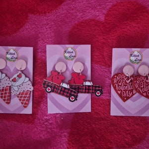 Pink & red valentines day earrings. Hearts, cat ice cream, love car. Handmade galantines glitter acrylic earrings. Kawaii harajuku kitsch image 1