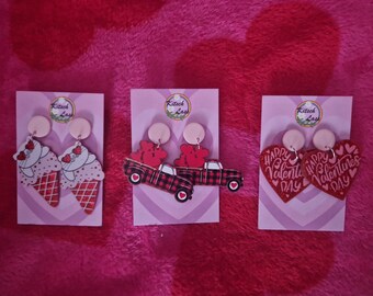 Pink & red valentines day earrings. Hearts, cat ice cream, love car. Handmade galantines glitter acrylic earrings. Kawaii harajuku kitsch