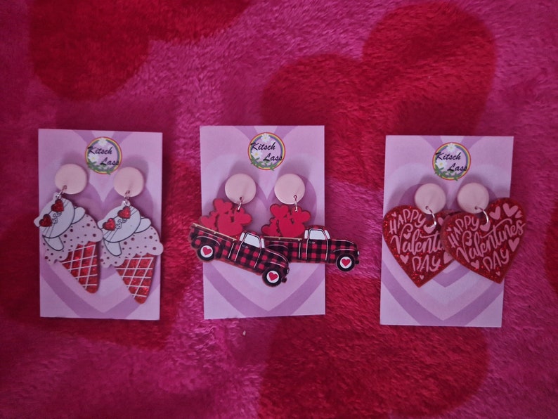 Pink & red valentines day earrings. Hearts, cat ice cream, love car. Handmade galantines glitter acrylic earrings. Kawaii harajuku kitsch image 1