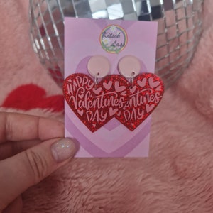 Pink & red valentines day earrings. Hearts, cat ice cream, love car. Handmade galantines glitter acrylic earrings. Kawaii harajuku kitsch image 3