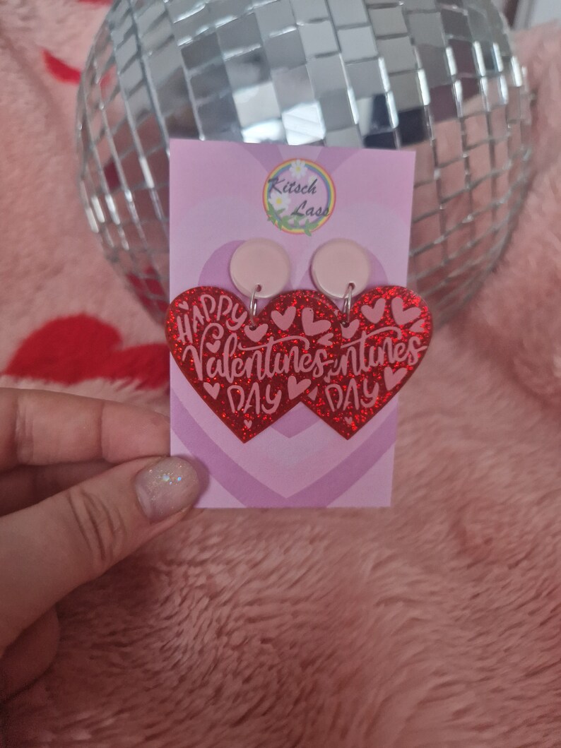 Pink & red valentines day earrings. Hearts, cat ice cream, love car. Handmade galantines glitter acrylic earrings. Kawaii harajuku kitsch image 3