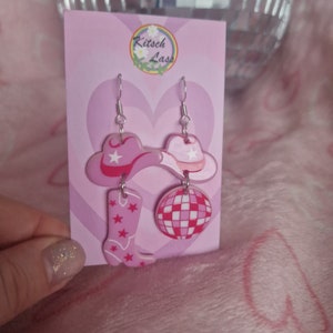 Disco cowboy earrings. Discoball cowboy hat and boots. Handmade galantines valentines pink girl acrylic earrings. Kawaii harajuku kitsch image 4