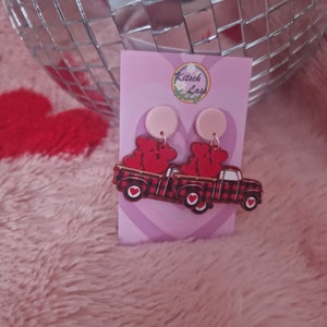 Pink & red valentines day earrings. Hearts, cat ice cream, love car. Handmade galantines glitter acrylic earrings. Kawaii harajuku kitsch image 6