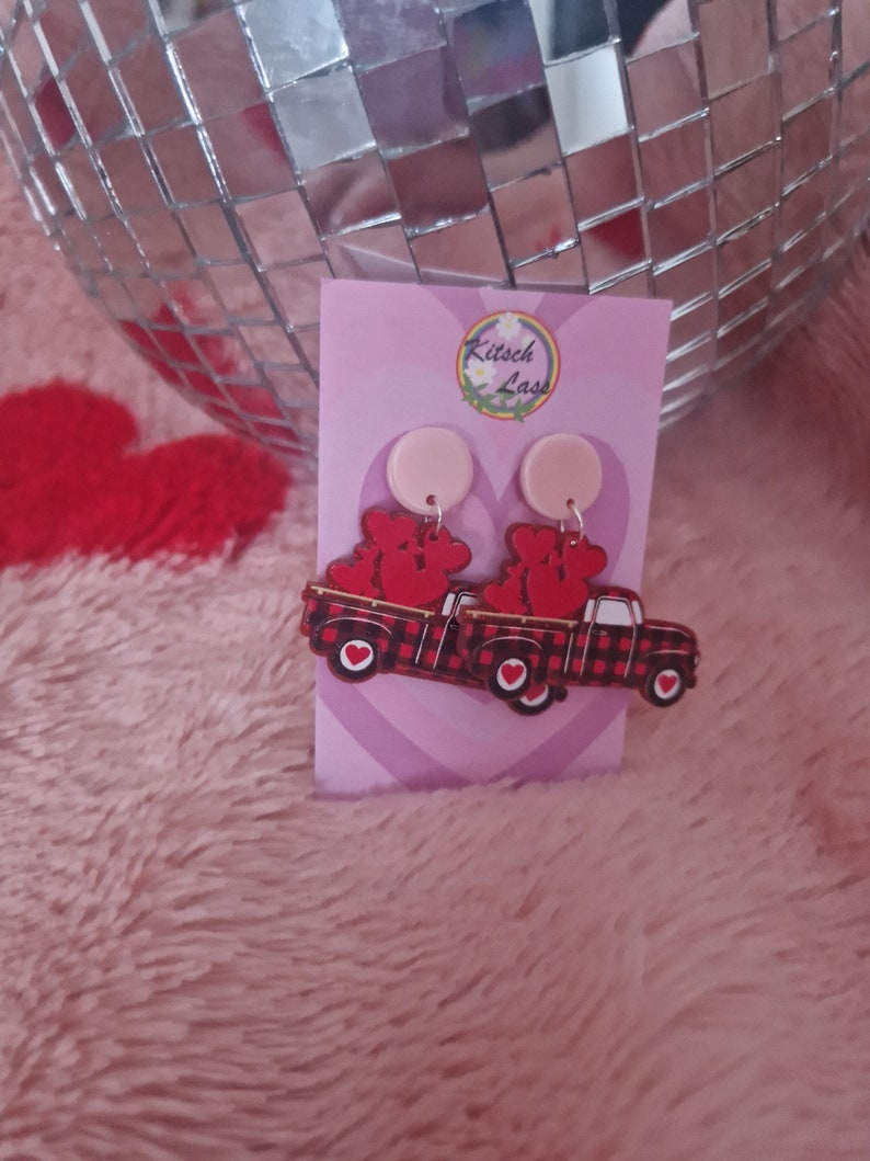 Pink & red valentines day earrings. Hearts, cat ice cream, love car. Handmade galantines glitter acrylic earrings. Kawaii harajuku kitsch image 6