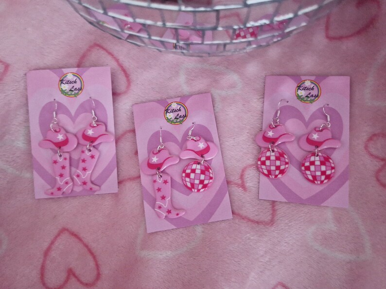 Disco cowboy earrings. Discoball cowboy hat and boots. Handmade galantines valentines pink girl acrylic earrings. Kawaii harajuku kitsch image 1