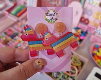 Piñata earrings. Rainbow bright colour donkey pinata jewellery. Quirky kitsch handmade earrings. Kawaii harajuku kitsch