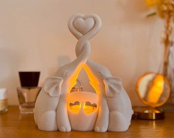 Anniversary, Valentines, Couples Gifts - Elephants Love Candle Holder Statue W/ Flickering LED - Wedding, Engagement, Romantic Gifts for Her