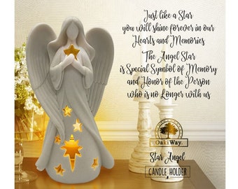 OakiWay Memorial Gifts - Star Angel Figurines Tealight Candle Holder, Sympathy Gifts for Loss of Loved One, W/ Flickering Led Candle