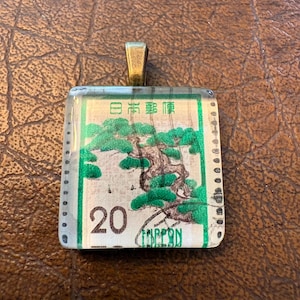 Vintage Japanese Pine Tree Stamp Pendant – 1972 Japan Green Matsu Bonsai Glass Necklace