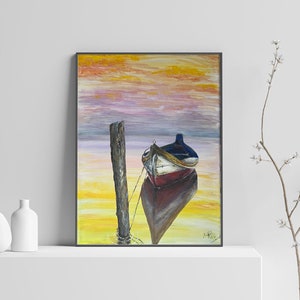 Sunset Reflection with Boat Original Acrylic Painting