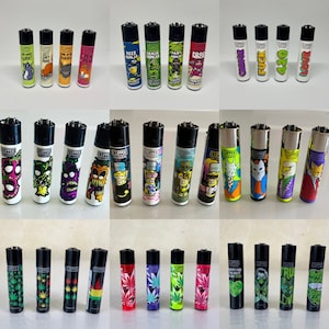 Puede incluir: Una colección de 30 encendedores Clipper diferentes con diversos diseños y gráficos coloridos. Los encendedores presentan una variedad de temas, incluyendo personajes de dibujos animados, animales y patrones abstractos. Algunos de los encendedores tienen texto en ellos, como "Get Shit Done", "Beer Ninja", "420" y "Love".