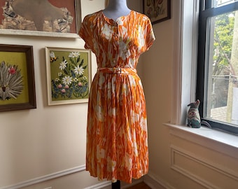 Vintage 1960s Orange Yellow White Sunny Floral Short Sleeve Belted Day Dress Size Small by Dawncrest
