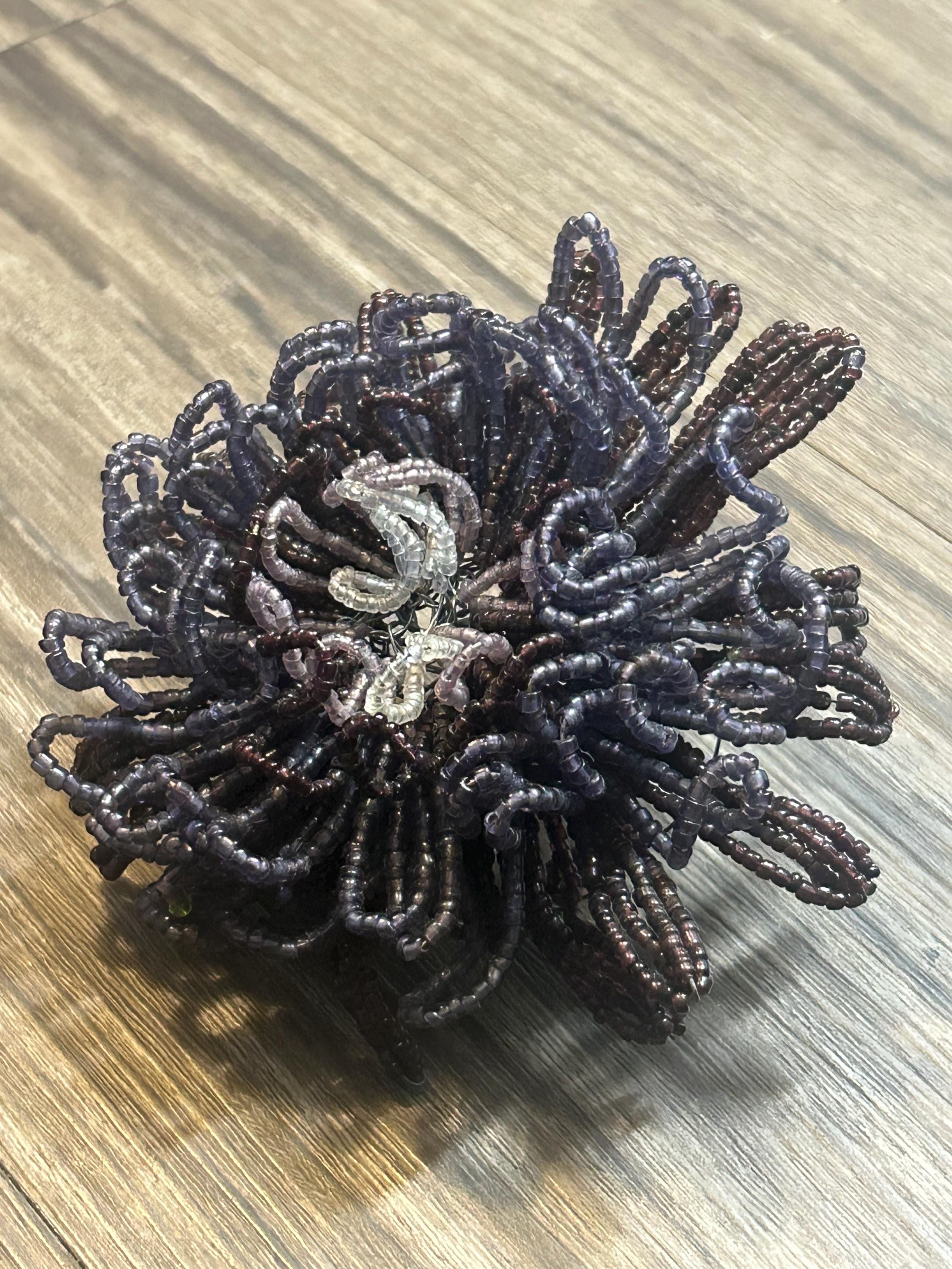 vintage french beaded purple flower with wire stem beadwork