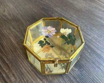 Vintage Brass and Glass Octagon Pressed Flower Display Case Miniature Curio Box