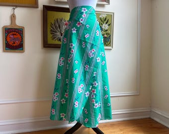 Vintage Hawaiian 1970s Hilo Hatties Pareo Tropical Turquoise Floral Hibiscus Striped Print Sarong Wrap Dress Beach Cover Up OSFM