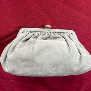 Vintage Rare Bottega Veneta Suede Gray Evening Clutch with Emerald Style Crystal Clasp Purse