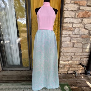 Vintage 1960s Pastel Pink and Aqua Abstract Turtleneck Style Sleeveless Maxi Dress Size Small