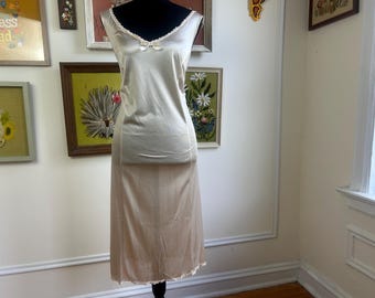 Vintage Lace Slip Dress Beige Bow Full Slip Nylon Volup Lingerie Size 42