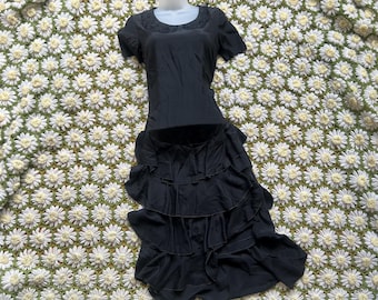 Antique Vintage 1920s Black Lace Collar Ruffle Tiered Flapper Dress Stage Worn Size Extra Small