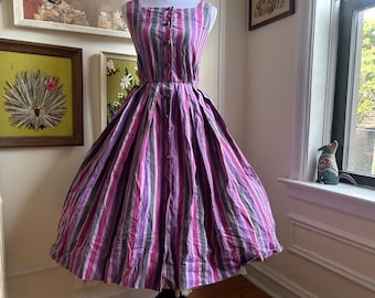 Vintage 1950s Full Skirt Purple and Green Striped  Button Down Day Dress Size Extra Small