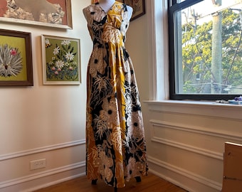 Vintage 1960s Mod Hawaiian Large Scale Floral Flower Power Barkcloth Mustard Yellow and Black Maxi Dress Size Small/Medium