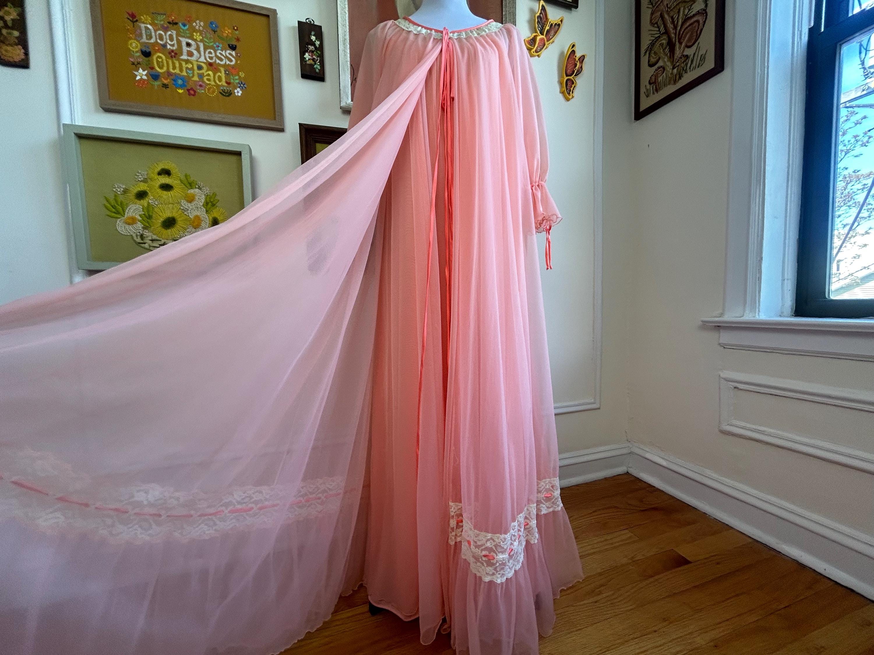 Vintage 1960s Chiffon Pink Ribbon and Lace Peignoir Set Nylon Princess ...